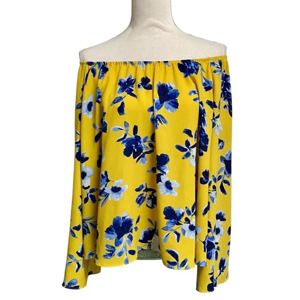 Elizabeth & James Floral Off Shoulder Blouse M Yellow Blue Bell Sleeve Boho Top - Picture 3 of 15